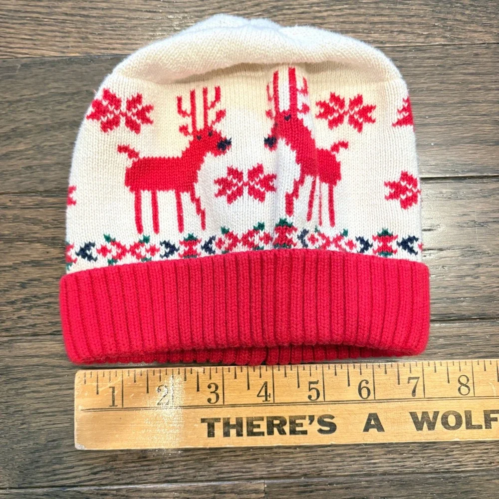 Hanna‎ Andersson Kids Reindeer Fair Isle Knit Beanie Hat Red Cream Size S